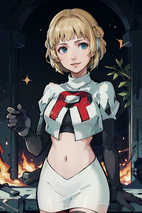 face of Ingrid (Fire Emblem: Three Houses),1girl,team rocket,team rocket uniform,white skirt,white crop top,black thigh-highs,black elbow gloves, proud smile