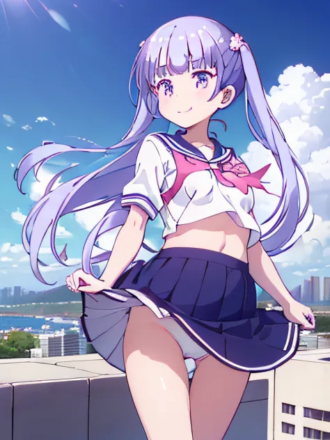 Best Quality, masutepiece,Ultra-detailed, Cute little girl s, 1girl in, Solo, a sailor suit, (Windflip skirt), (Glimpse of white panties through skirt), Looking at Viewer, Smile, On the rooftop, From  above, city, casual, Detailed cute face, ((Open chest))...