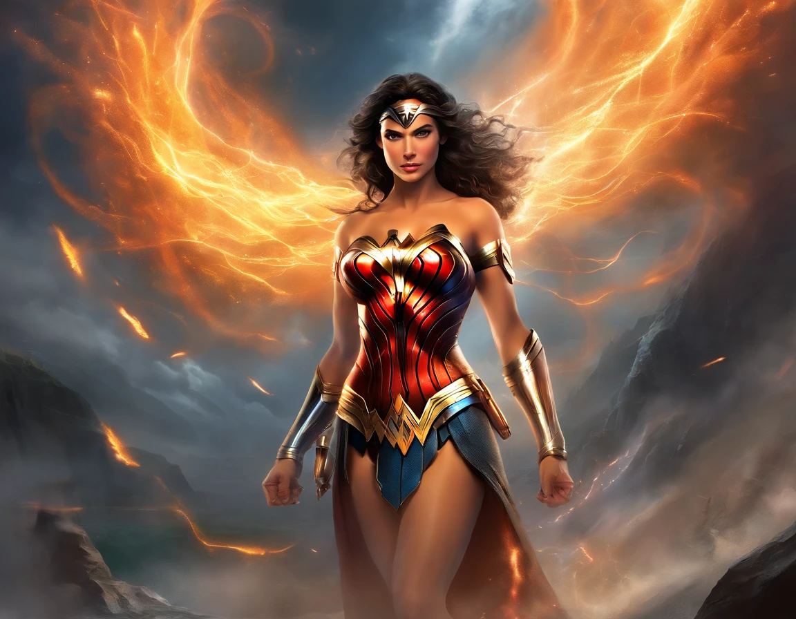 Wonder woman in a red and blue costume standing in front of a stormy sky -  SeaArt AI