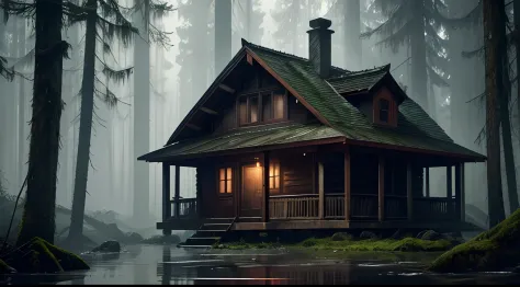 horror mood, dense forest, an old lakeside cabin, moss on the walls, gloomy night, realistic, abandoned, octane render, 8K, hyper realistic , poster style, hyper realistic acrylic painting, fibonacci, insane, intricate, highly detailed, digital painting, a...