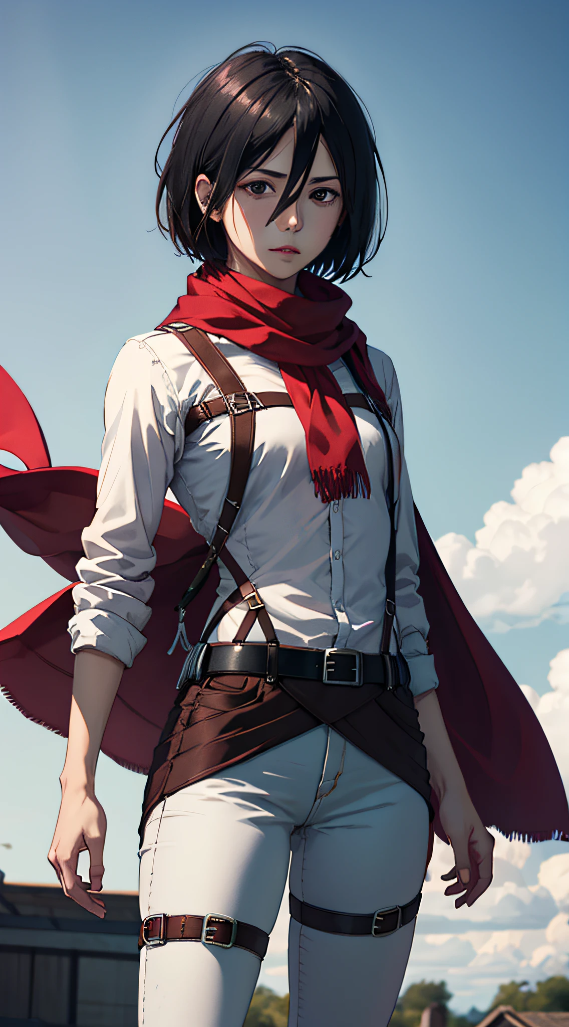 masterpiece, best quality, highres, hmmikasa, short hair, black eyes, scarf, belt, thigh strap, red scarf, white pants, white shirt, standing, cowboy shot,