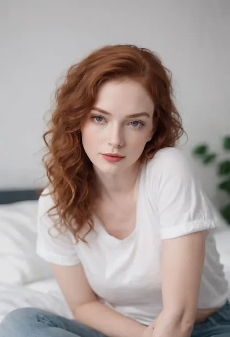 Photography of Madelaine Petsch, long ginger hair, lying on a bed in an  indoor s - SeaArt AI