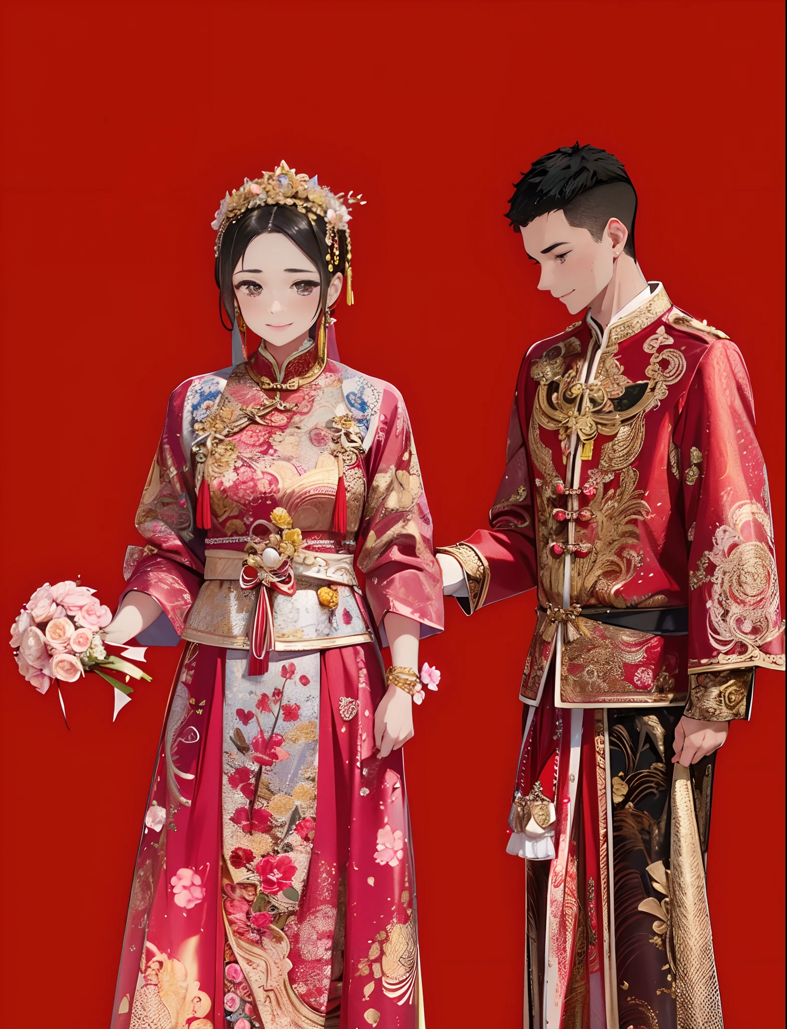 high qulity,Portraits of cute boys and girls,adolable,ssmile,The head girl holds a bouquet of flowers in her left hand,Wearing gold jewelry,Right hand pulling skirt Chinese wedding,wonderful dress,delicated,detail-rich,Cute boy,Cartoon anime style,8K,Correct fingers