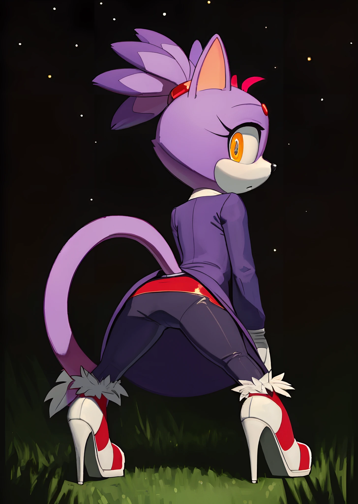 A close up of a cartoon cat with a purple outfit and red shoes - SeaArt AI