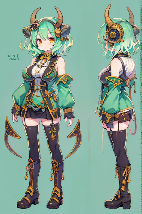 ((Live 2D))  masutepiece, 1girl in, Full body, standing straight, Steampunk clothes, military outfits, Looking at Viewer, Detailed face, Girl with green wavy hair, Bangs, Metal sheep horns, Gradient Hair, multicolored hair, light green hair, Turquoise Hair...