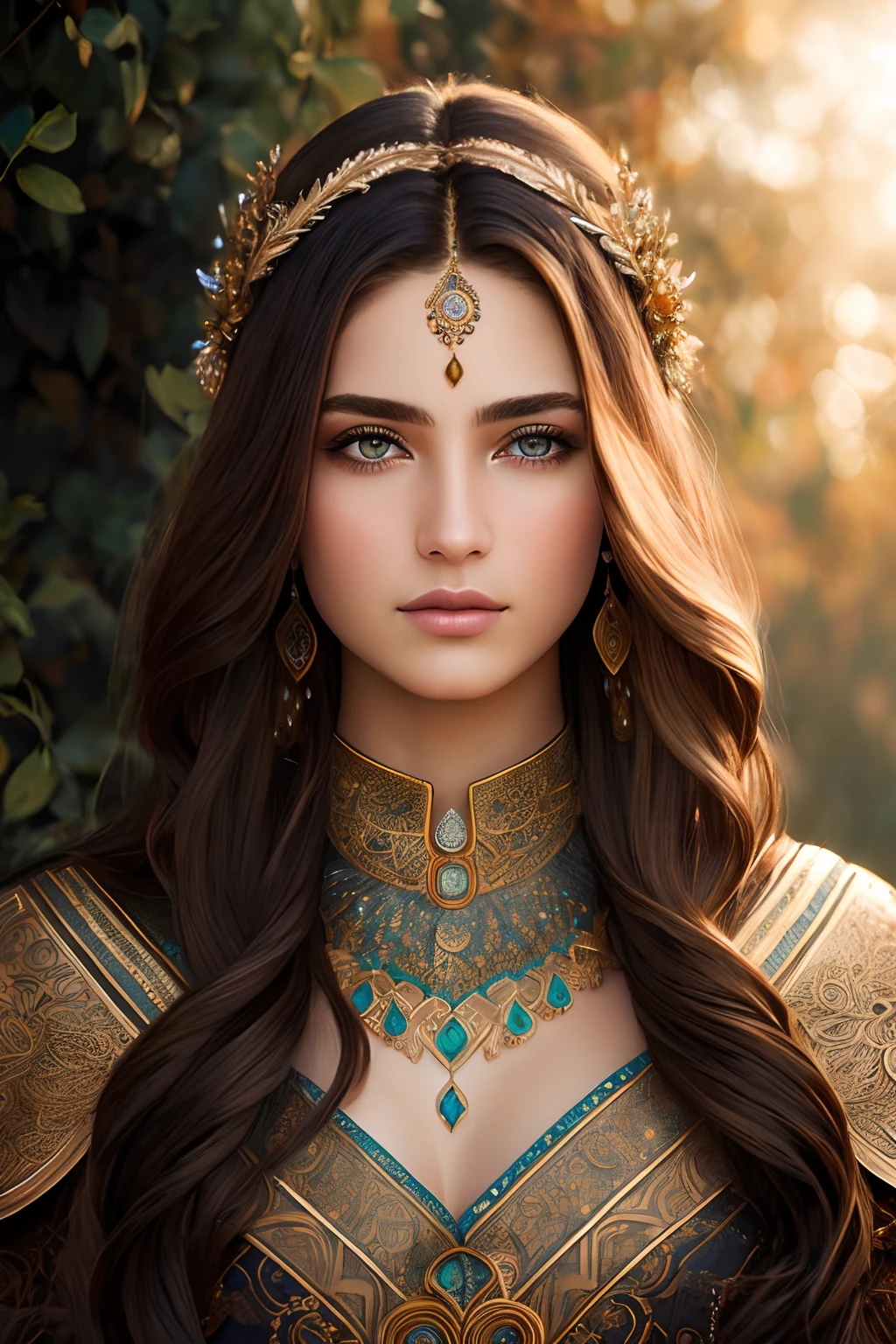 portrait of a beautiful warrior with brown hair, intricate, elegant, highly detailed, majestic, digital photography, (masterpiece, side lighting, finely detailed beautiful eyes: 1.2), Realistic, Best quality.