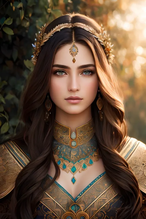 portrait of a beautiful warrior with brown hair, intricate, elegant, highly detailed, majestic, digital photography, (masterpiec...