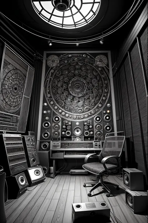 16k, UHD, Junji Ito Black And White Manga Style, arafed drawing of a recording studio with a desk, chair, and keyboard, background artwork, studio room, by Bob Ringwood, madhouse studio, studio, studio madhouse, artwork, studio picture, studio bones, in hi...