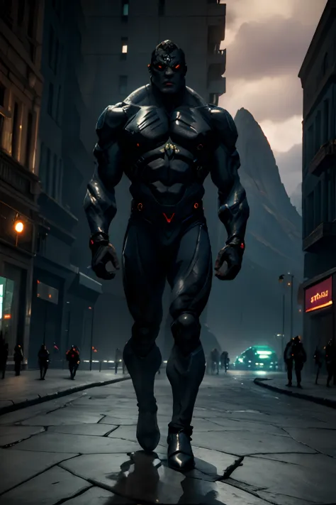 Super villain with stone skin walking in the middle of the city, golem de pedra vestindo roupas modernas, Mutant Gangster, humano com pele de pedra