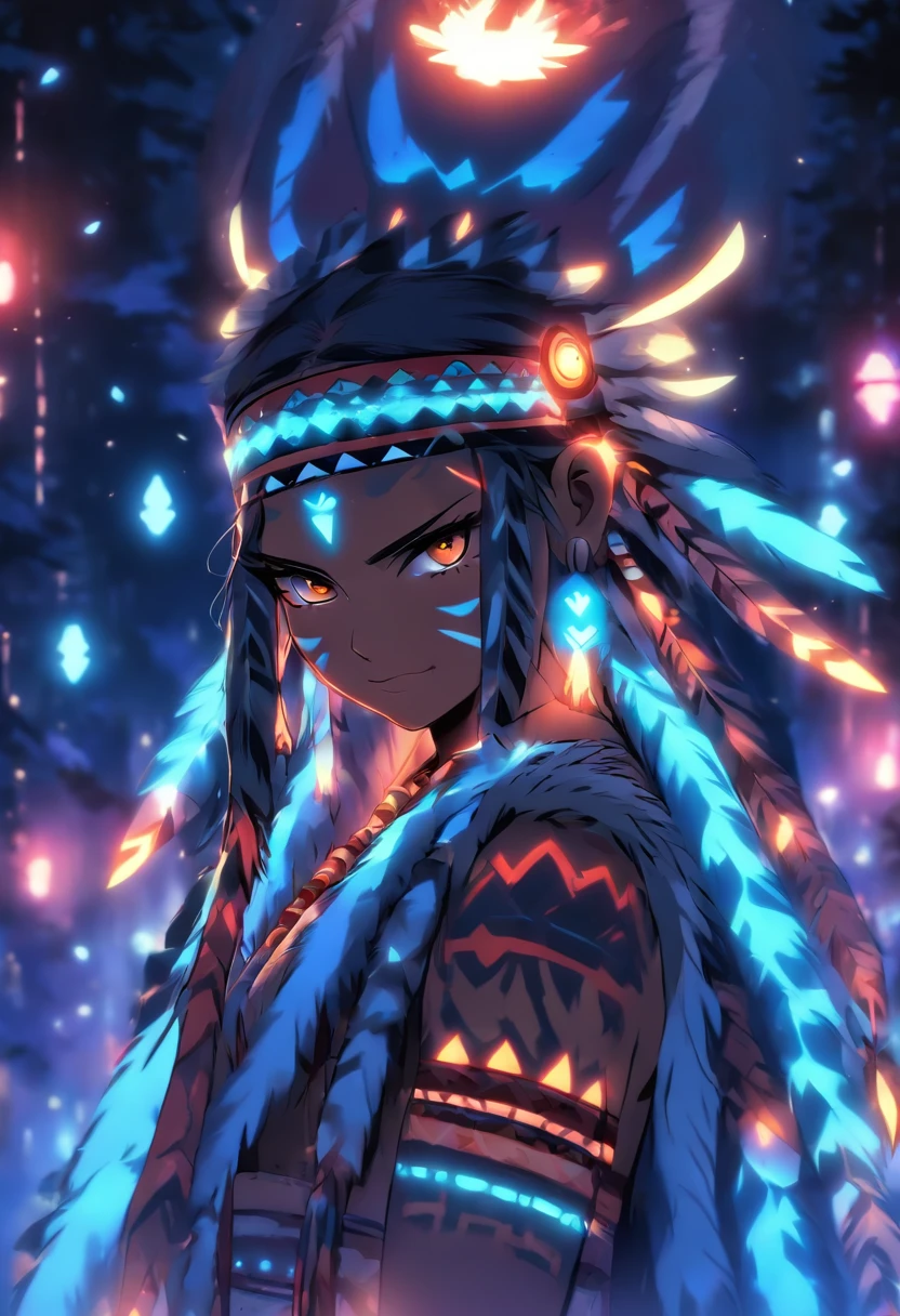 (((Indigenous woman))) best quality, very high resolution, detailed CG in 4K, masterpiece, white hair, night, moon in the background, night tones, amazon brazil, indigenous, indigenous tribes, indigenous city, forest, aesthetics, beautiful image, centered on screen, full body