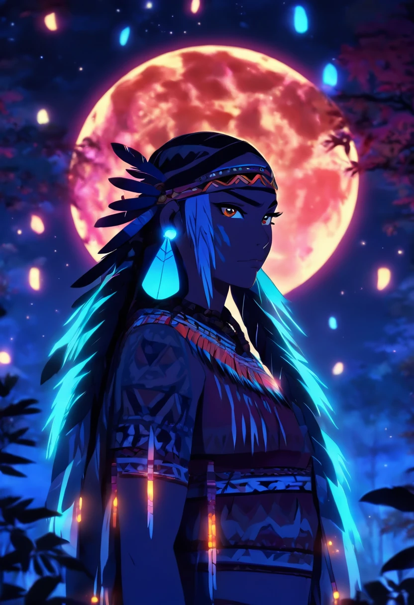 (((Indigenous woman))) best quality, very high resolution, detailed CG in 4K, masterpiece, white hair, night, moon in the background, night tones, amazon brazil, indigenous, indigenous tribes, indigenous city, forest, aesthetics, beautiful image, centered on screen, full body