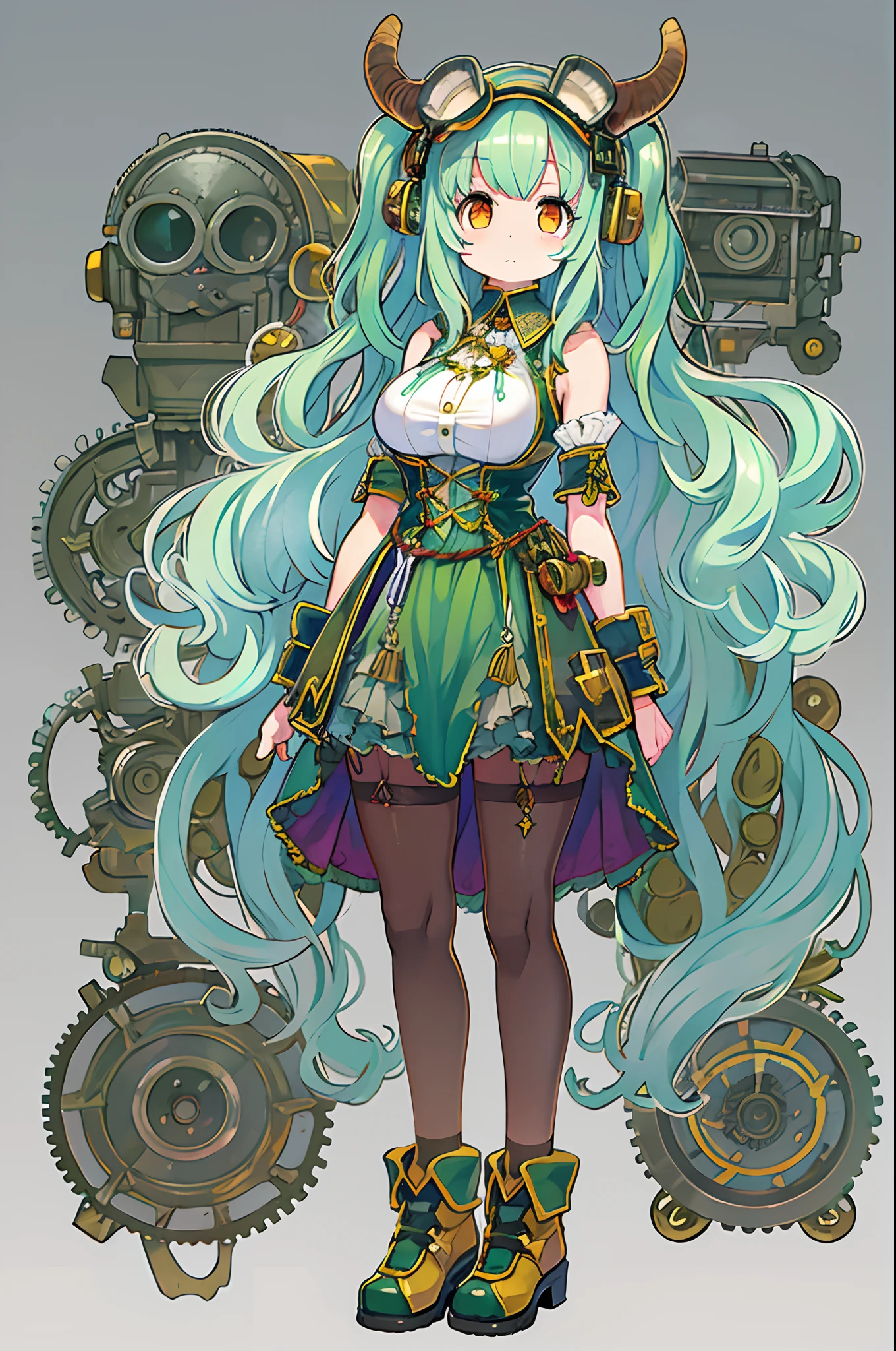 ((Live 2D))  masutepiece, 1girl in, Full body, standing straight, Steampunk clothes, military outfits, Looking at Viewer, Detailed face, Girl with green wavy hair, Bangs, Metal sheep horns, Gradient Hair, multicolored hair, light green hair, Turquoise Hair Tips, Wavy Hair, Gradient Eyes, Orange Eyes, (Simple background, White background: 1.3)