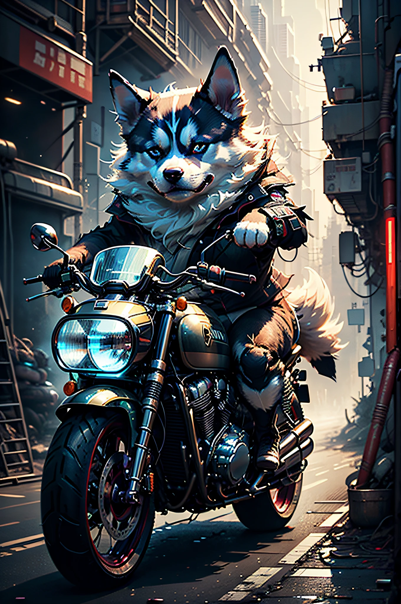 Sibirischer Husky、cyberpunked、Fahren eines großen Motorrads