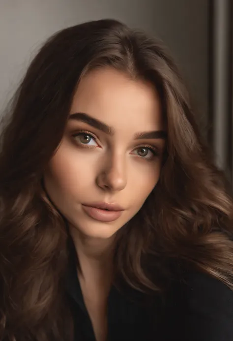 A close up of a woman with long brown hair and a black shirt - SeaArt AI