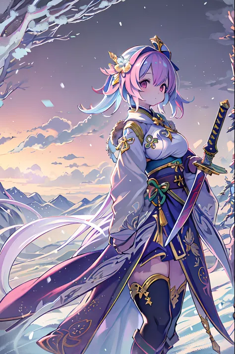 extreme details, flawless, aerial view, like a work of art, anime girl with ice and snow sword, pink hair and purple long skirt ...