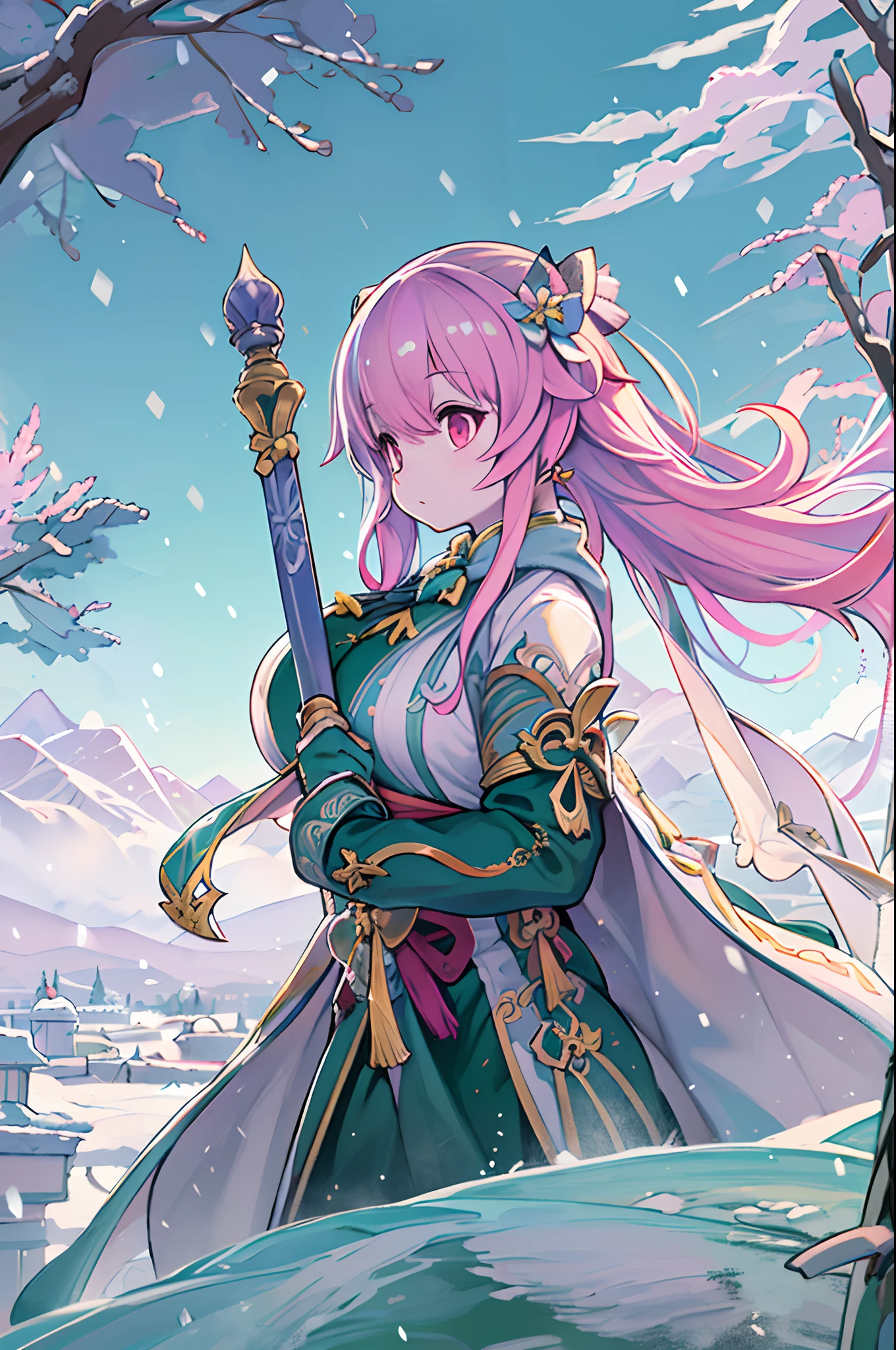 Extreme details, flawless, Aerial view, Like a work of art, Anime girl with ice and snow sword, Pink hair and purple long skirt complement each other, Staring at the god Ayakahara in the distance, Leads us to the world of the Genshin.