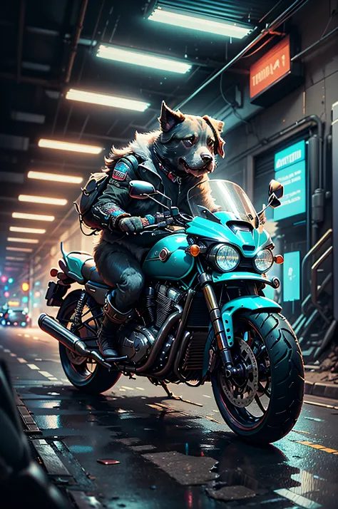 C4tt4stic,Cartoon Labrador Retriever Dog Driving Large Motorcycle Cyberpunk