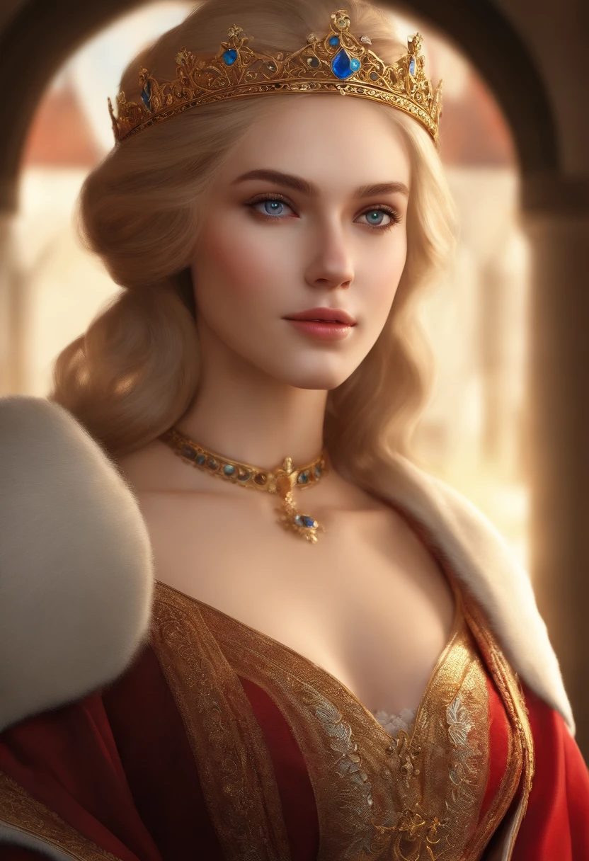 (Masterpiece: 1.2, Best Quality), Realistic, (Realistic Picture, Complex Details, Depth of Field), Best Quality, Masterpiece, Highly Detailed, Semi Realistic, 1 Girl, Mature Female, 2, Blond Hair, Shoulder length Short Hair, Left Eye Covered with Hair, Blue Eyes, King's Clothes, Red Cloak, Slim Figure, Crown Made of Precious Gold, Reading Documents, Marking Documents, Goose Hair Pen, Office Table, Soft Bench, Palace, In the palace, during the Middle Ages