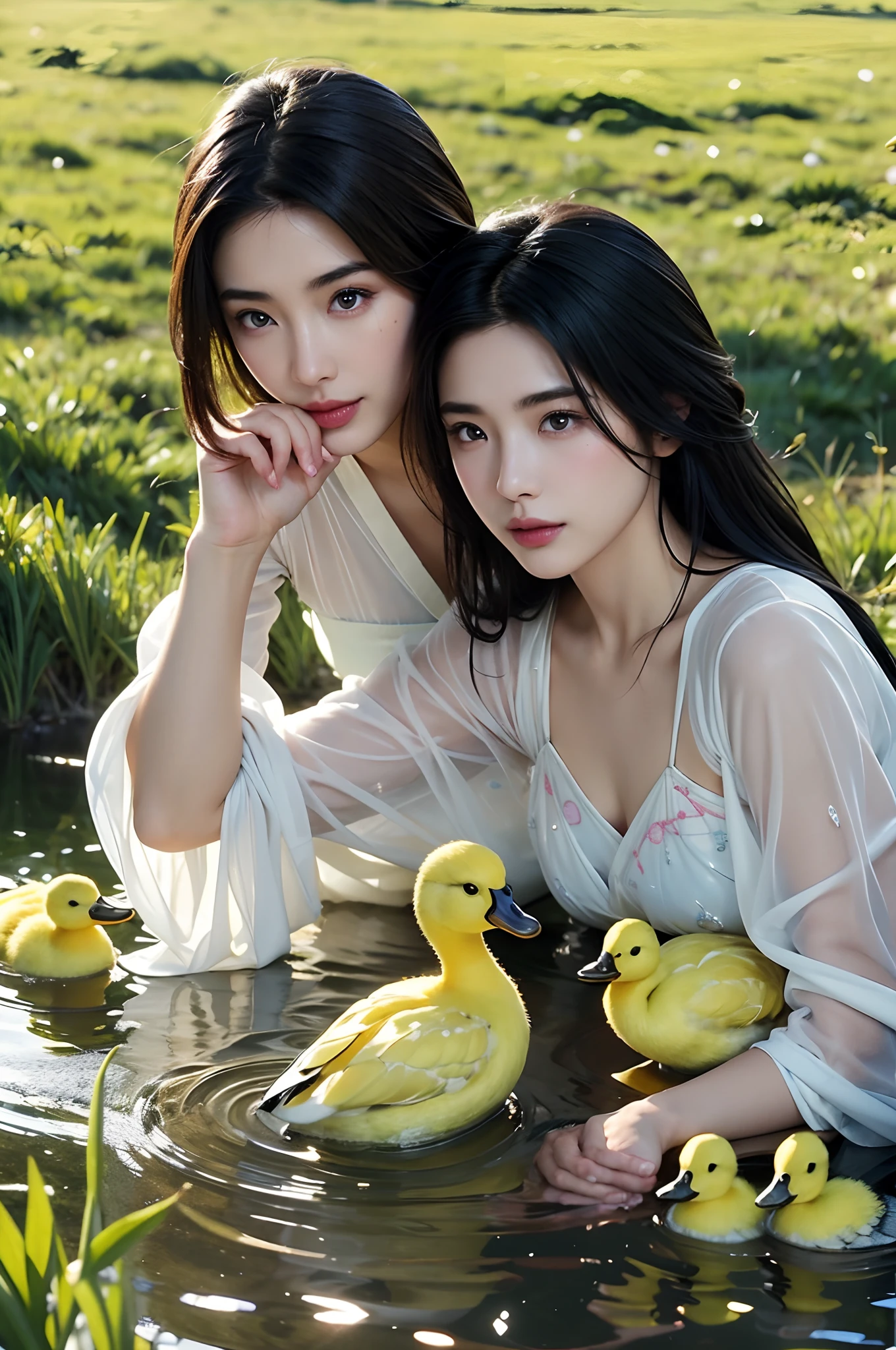 Araffe Japanese model, hyperrealistic,(2girls:1.4,leering:1.2), drinking water in a glass with lots of ice next to yellow ducklings in a meadow,see-through costume,embroidery pattern,