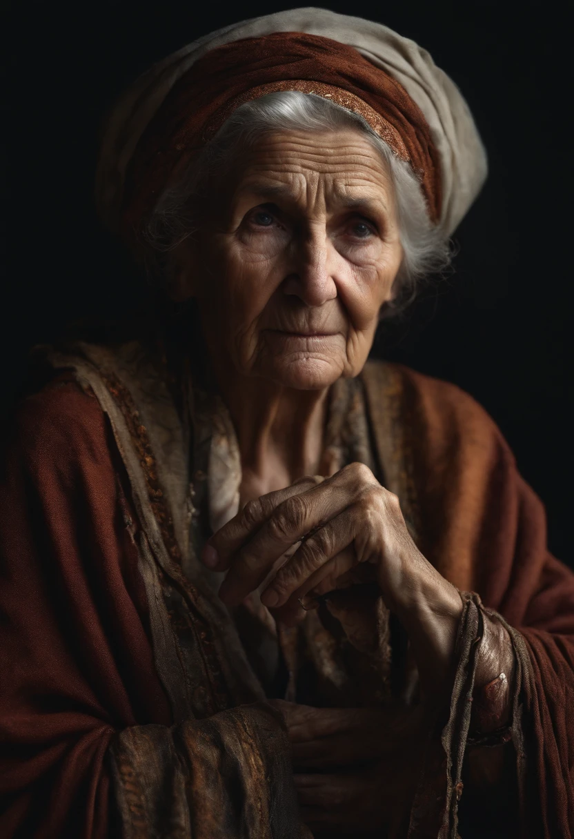 Elderly woman, fortune teller,Torn clothes, dry skin, Look Forward,All dark backgrounds, battered, Realistic, 8K