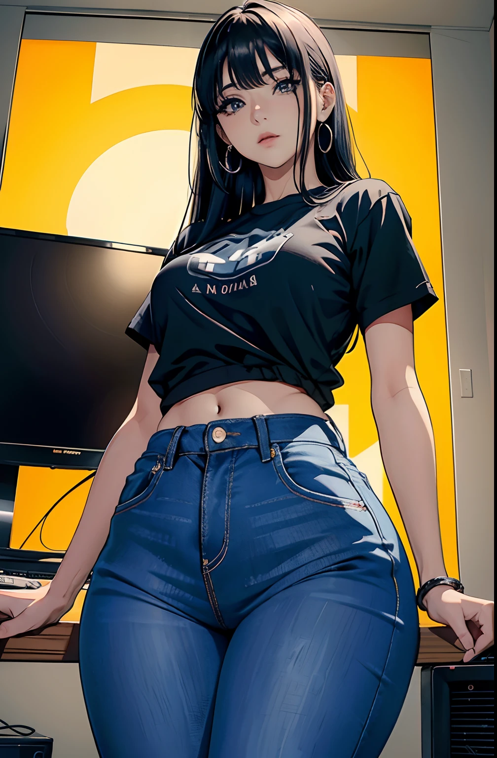 Anime girl in jeans posing in front of a computer - SeaArt AI