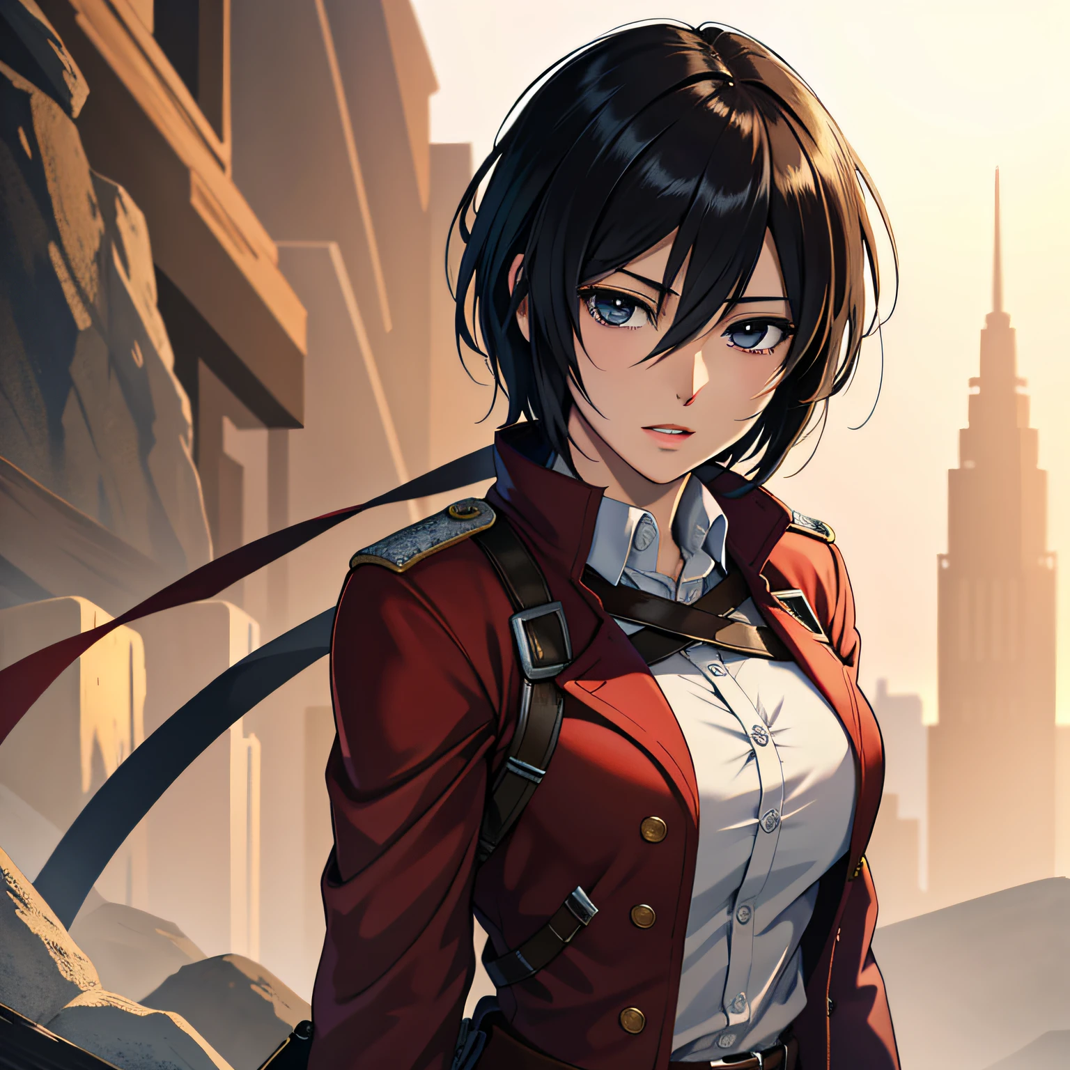 (Meisterwerk:1.2, beste Qualität), fotorealistisch, (hyperrealistisch:1.2), Schön, Mikasa von AOT