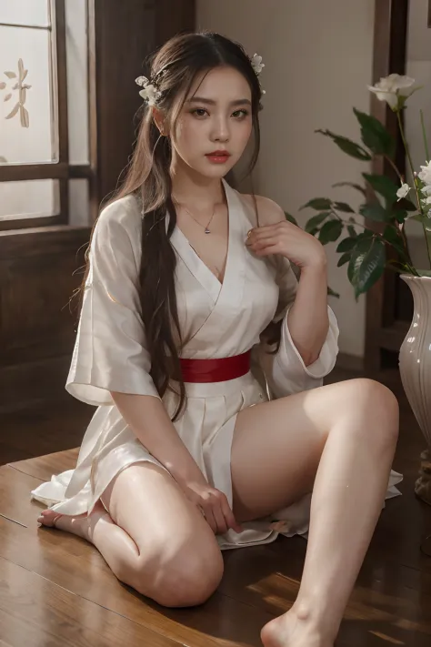 There is a woman sitting on a table with a vase, white skin, melancholy eyes, a palace, a girl in Hanfu, beautiful figure painting, white Hanfu, Hanfu, hair accessories, , looking at the viewer, red lips, skirt, hair accessories, necklaces, jewellery, long...