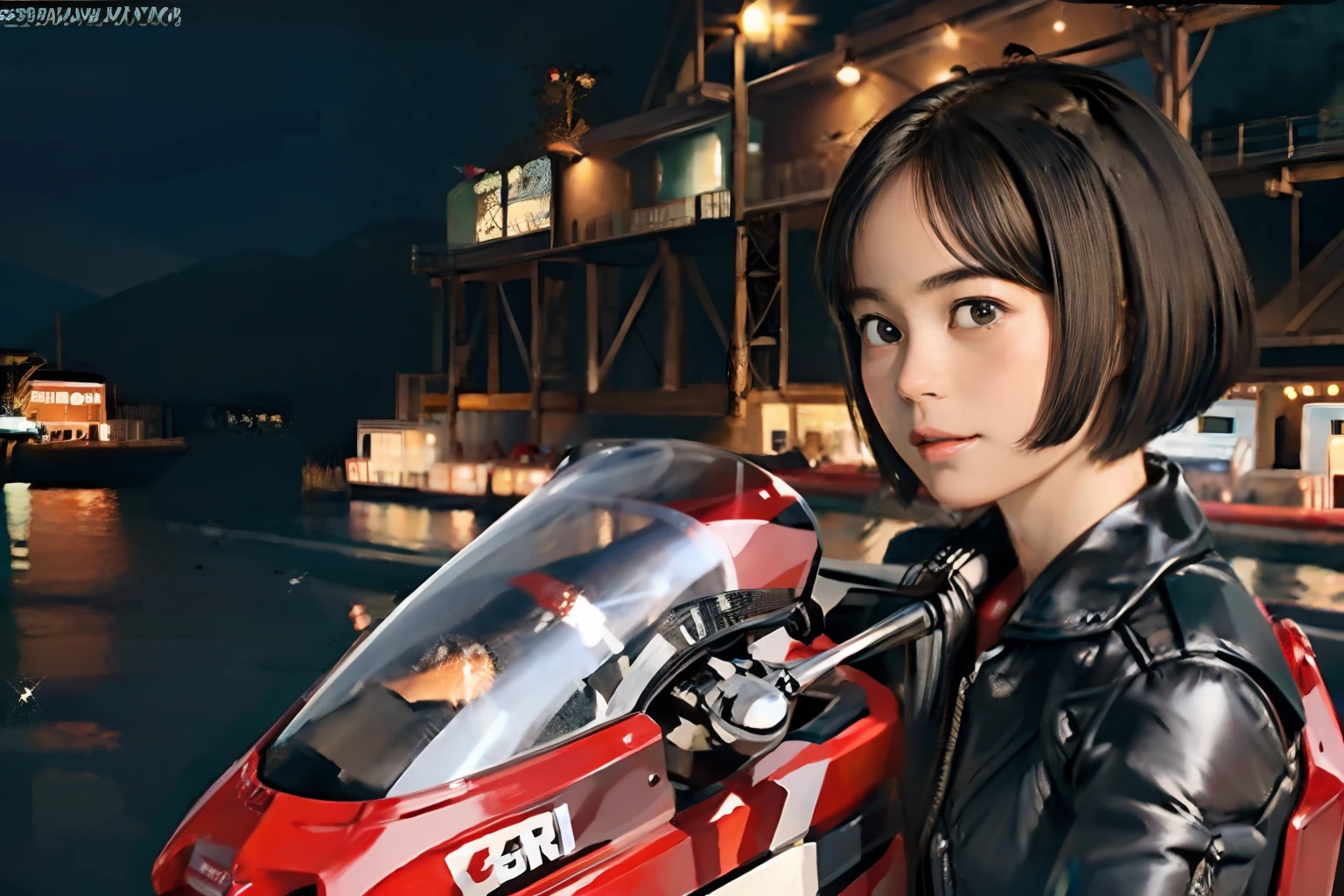 38
(Shorthair:1.23), (a 25yo woman), (The motorcycle of the future), (A hyper-realistic), (Masterpiece), (8KUHD), Being in the harbor at night