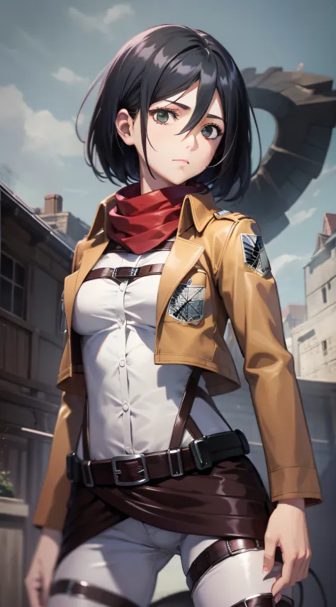 aot style, shingeki no kyojin,

mikasa ackerman,

1girl, arm strap, bangs, black hair, black pants, breasts, cowboy shot, embers, green eyes, grey background, hair between eyes, harness, long sleeves, looking at viewer, medium breasts, pants, red scarf, sc...