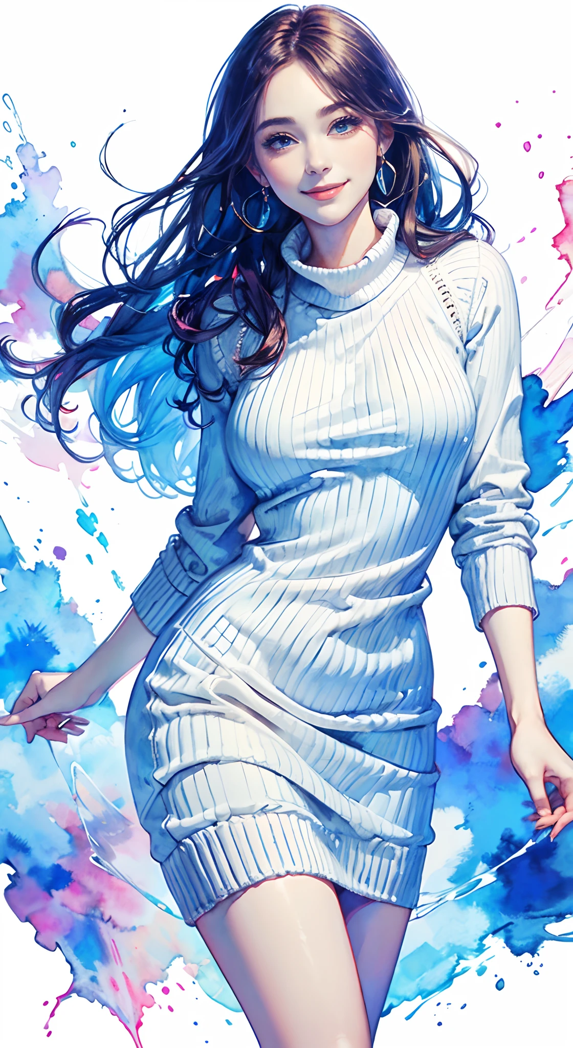 8K,​masterpiece,top-quality,Dynamic Pose,beautiful woman with long hair,Smile:1.6,White Sweater Dress, slim,,watercolor paiting \(Medium\)