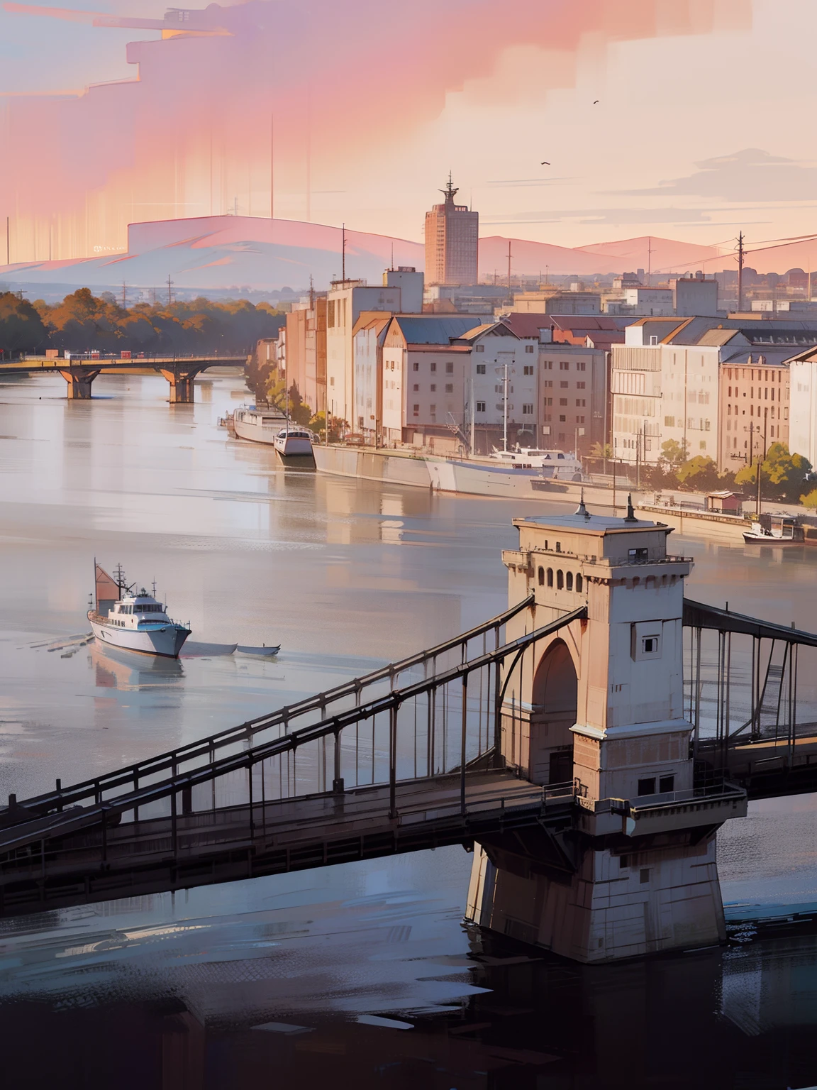 (mejor calidad,Ilustraciones premiadas)Hay un puente sobre el rio，Hay algunos edificios en la distancia.，Hay barcos en movimiento en el agua.，estilo cómic animado，color limpio，Imagen pura，color translúcido，clima al atardecer，una paleta de colores cálidos，cielo cálido，Sombra del sol al atardecer