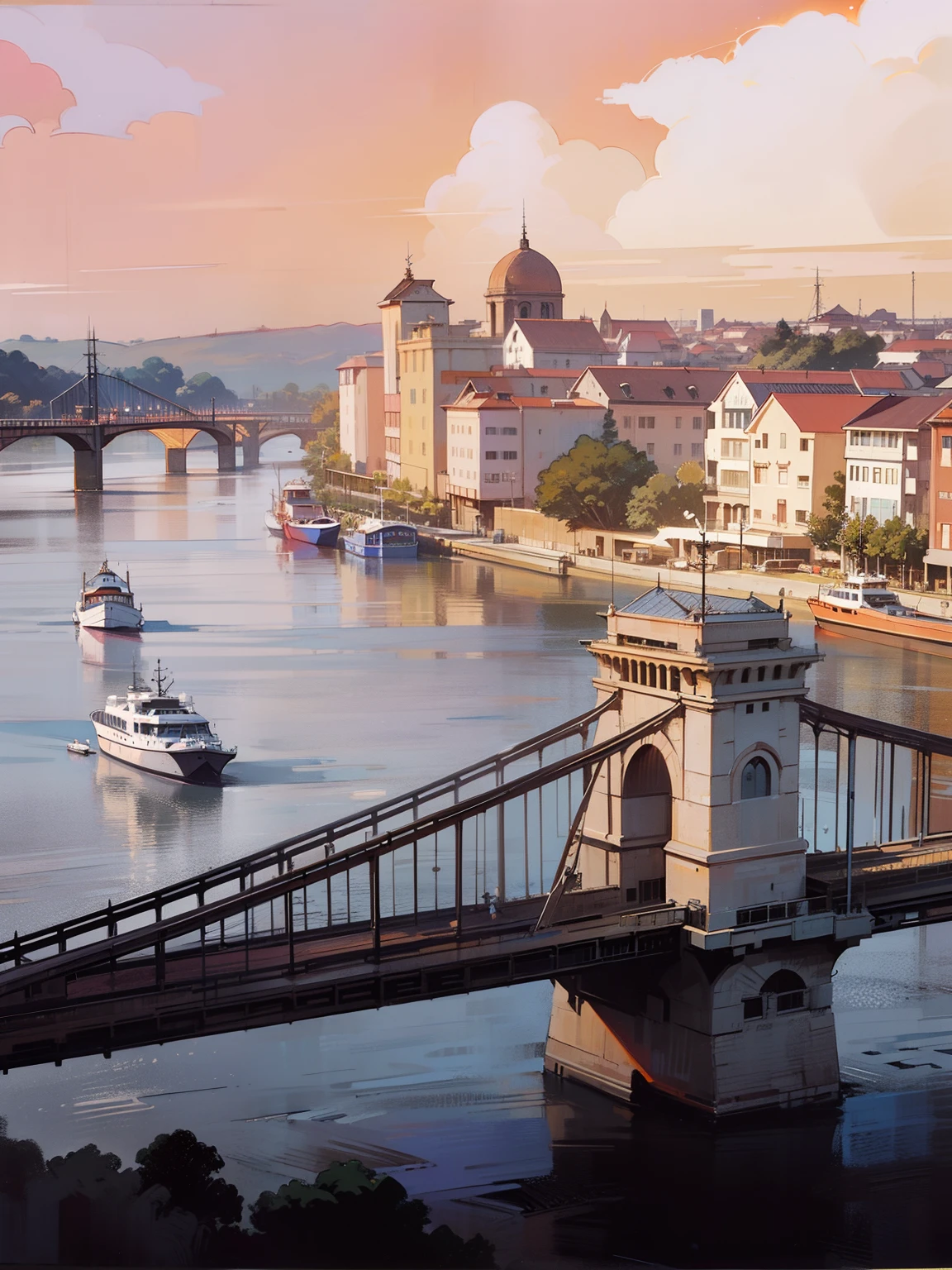 (Best quality,award-winning illustrations)There is a bridge over the river，There are some European buildings in the distance，There are moving boats on the water，Anime comic style，clean color，Pure picture，Translucent color，Sunset weather，a warm color palette，Warm sky，Sunset sun shadow