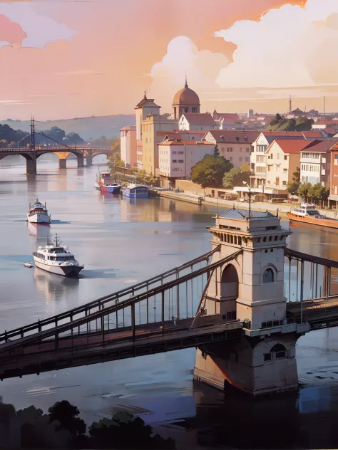 (Best quality,award-winning illustrations)There is a bridge over the river，There are some European buildings in the distance，The...