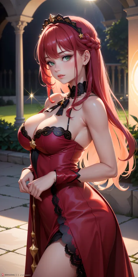 perfect breasts ((Bust 84 cm)) ((Waist 56 cm)) ((Hips 88 cm)) ((pretty and beautiful girl)) Crimson color hair #DC143C, long silky wavy hair, hair effect, green eyes, light effect on the eyes, extremely sensual body, very beautiful red dress in princess st...