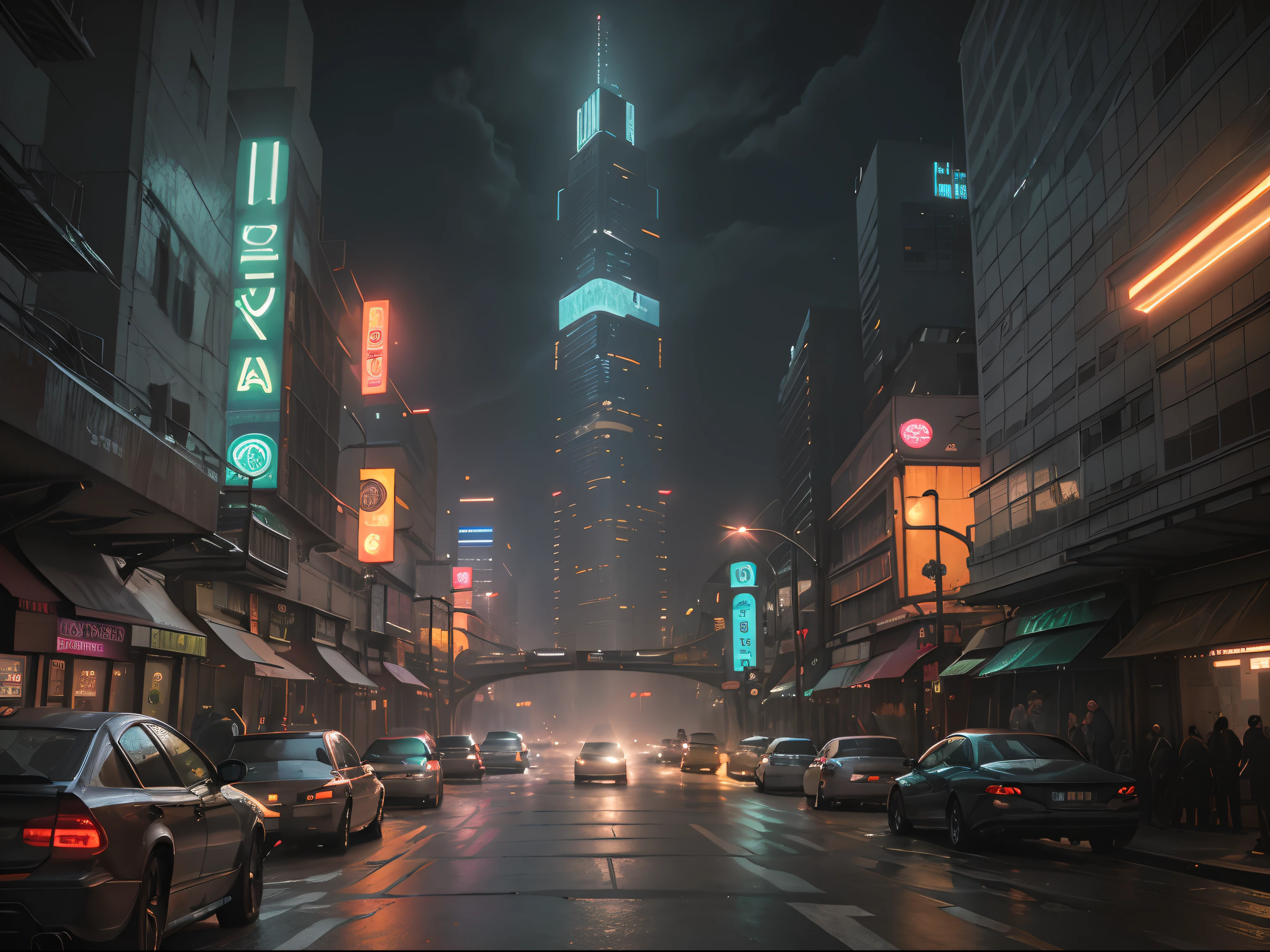 Cena de rua da paisagem urbana de Cyberpunk Blade Runner com arranha-céus imponentes, ((sinais de néon brilhantes)) e luzes LED, tráfego com (carros cyberpunk futuristas) e carros voadores no céu, cores brilhantes contrastando com a atmosfera escura, (iluminação cinematográfica), extremamente detalhado.