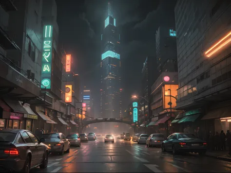 Cyberpunk Blade Runner cityscape street scene with towering skyscrapers, ((glowing neon signs)) and LED lights, traffic with (fu...