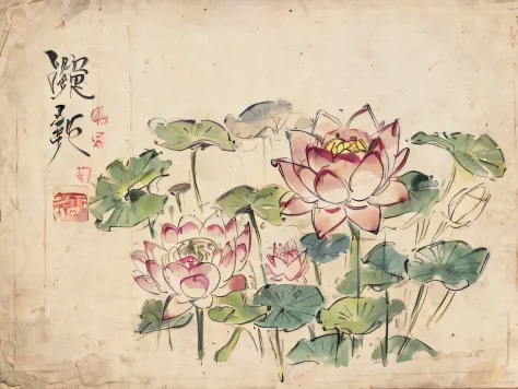 Ancient Japanese single Lotus Flower Sketch colourful