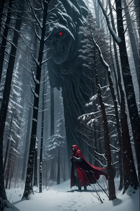 An ominous snowy forest rendered in the style of a dark fairy tale, featuring a women in a blood-red cloak cautiously making her...