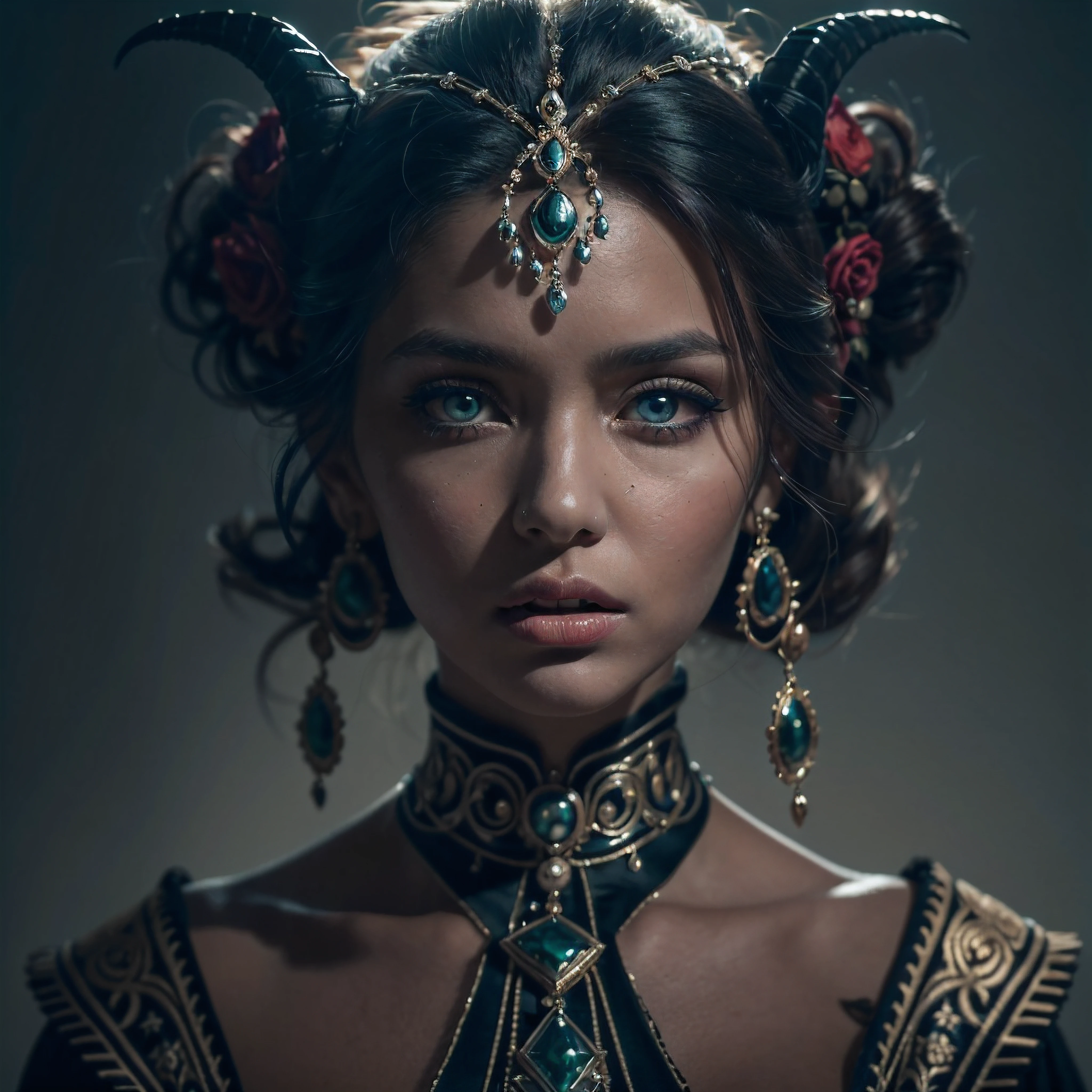 (complex composition:1.3), (detailed and expressive eyes:1.6), (futuristic style), (An exquisite portrait of a demonic woman:1.3), (she wears elegant regal clothing:1.2), (closed mouth:1.2), (authentic expression in her eyes: 1.2), wearing dark smoke eye makeup, the photograph captured in stunning 8k resolution and raw format to preserve the highest quality of details. (bare shoulders), (her eyes are portrayed with meticulous attention to detail: 1.3), The photograph is taken with a lens that emphasizes the depth in her eyes, and the backdrop is a dark studio setting that enhances the colours of the scene. The lighting and shadows are expertly crafted to bring out the richness of her skin tone and the intense atmosphere. Her creative hair adds a touch of contrast against her skin, The overall composition captures her essence with authenticity and grace, creating a portrait that celebrates her heritage and beauty. Photography utilizing the best techniques for shadow and lighting, to create a mesmerizing portrayal that transcends the visual, slightly tilted head,