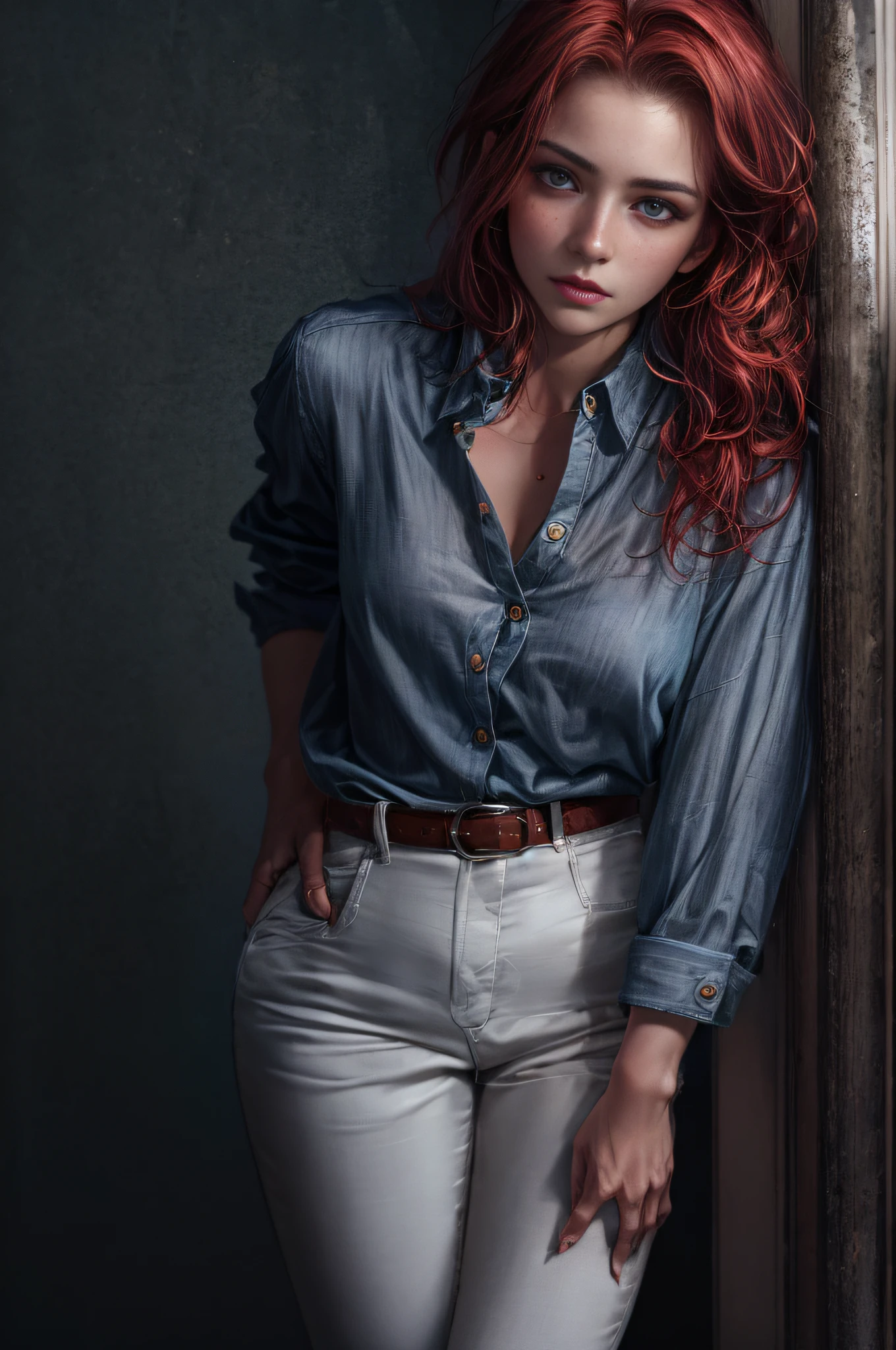 a photo of a seductive woman with loose styled redhead hair, posing in dark studio, she is wearing Button-up Shirt and Trousers, intricate details, goosebumps, flawless face, shy, prude, (light freckles:0.9), ((photorealistic):1.2), raw