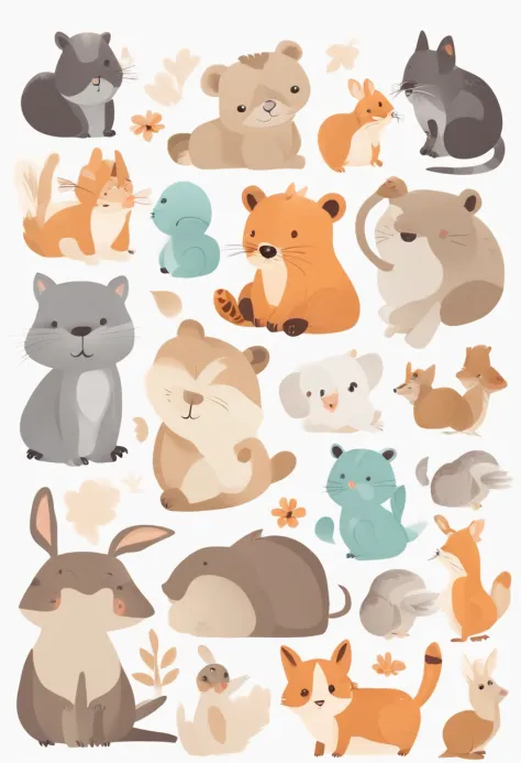 （Cartoon critters），adolable，（Sticker screen），white edges，Distribute to typesetting sets，Sticker style，Flat style，Small Animals，Cute Illustration，Flat illustration，Paper cutout，
