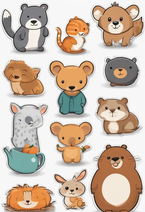 （Cartoon critters），adolable，（Sticker screen），white edges，Distribute to typesetting sets，（Sticker style），Flat style，Small animals，cute illustration，Flat illustration，paper cut out，solid color backdrop
