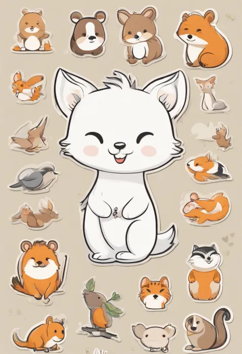 （Cartoon critters），adolable，（Sticker screen），white edges，Distribute to typesetting sets，（Sticker style），Flat style，Small animals，cute illustration，Flat illustration，paper cut out，solid color backdrop