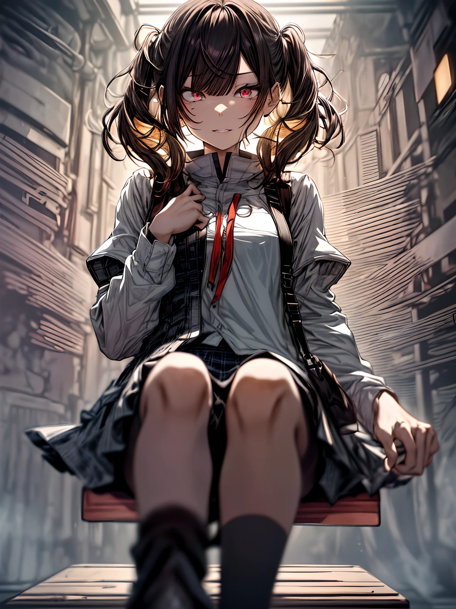 Anime girl sitting on a bench in a city alley - SeaArt AI