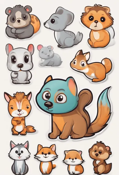 （Cartoon critters），adolable，（Sticker screen），white edges，Distribute to typesetting sets，（Sticker style），Flat style，Rich in color，（Small animals），cute illustration，flatillustration，paper cut out，solid color backdrop