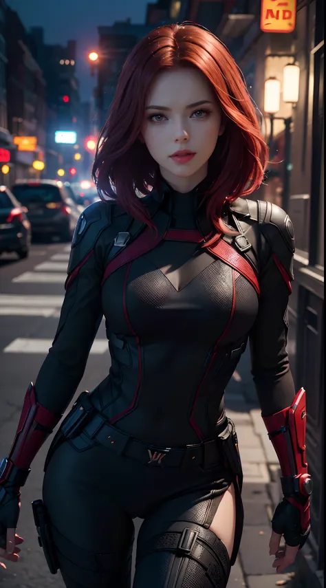 1girl, Full body shot, Natasha Romanoff style of the Black Widow (from marvel studios) costume, smile, look at viewer, random po...