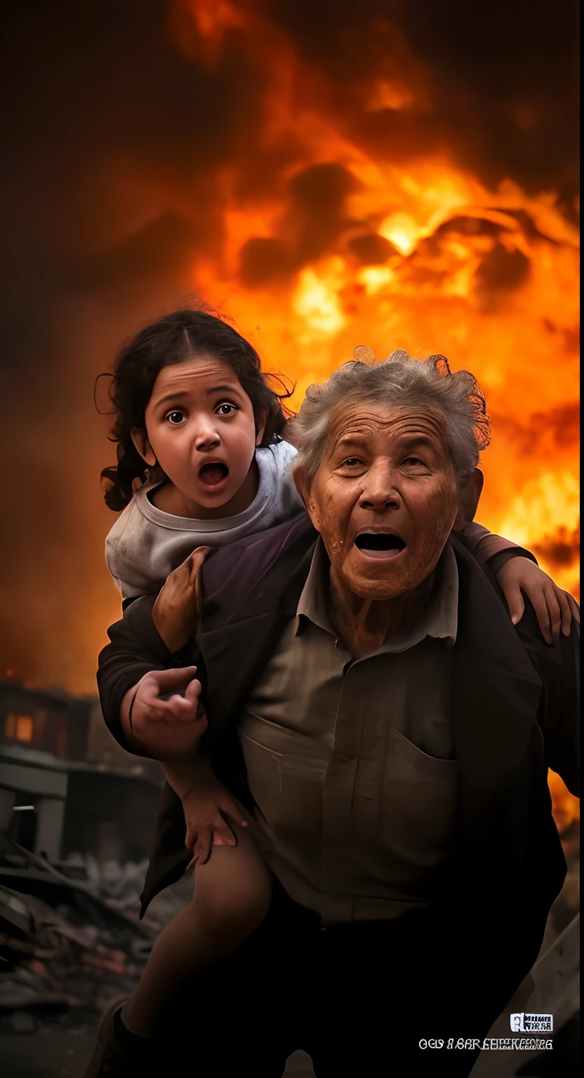 Une vieille grand-mère porte un petit sur son dos, Courir dans la panique à travers les ruines urbaines, avec des flammes et de la fumée provenant de l’explosion de bombes derrière eux.., par Ibrahim Kodra, Prix Pulitzer pour la photographie, Photo gagnante du prix Pulitzer, extrait d&#39;un film d&#39;action en direct, scène d&#39;un film d&#39;action en direct, capture d&#39;écran d&#39;un film, tiré d&#39;un film, scène d&#39;un film, par Joseph Binder