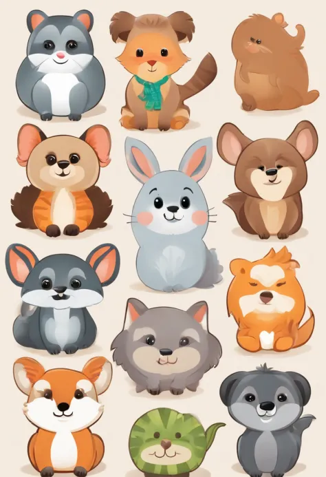 （Cartoon critters），adolable，（Sticker screen），white edges，Distribute to typesetting sets，（Sticker style），Flat style，Rich in color，（Small animals），cute illustration，flatillustration，paper cut out，solid color backdrop