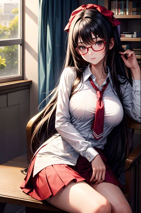 masterpiece, best_quality, 1girl, solo, black hair, sexy school uniform, red eyewear on head, sitting by the window