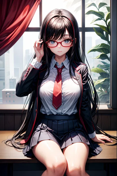 masterpiece, best_quality, 1girl, solo, black hair, sexy school uniform, red eyewear on head, sitting by the window, hands on la...